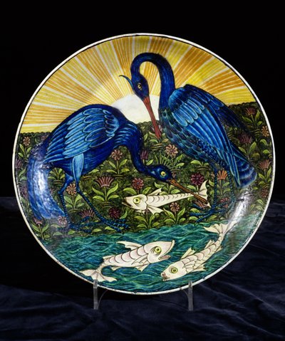 Charger with Two Herons Catching Fish on a River Bank by William de Morgan